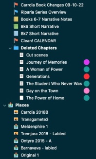 Portion of a binder in Scrivener showing dating, overview files, deleted (and color coded) chapters, and images. Screenshot: CA Hawthorne